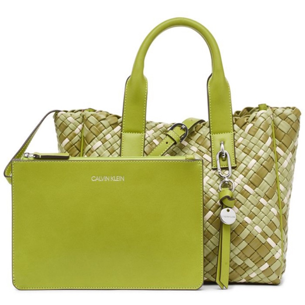Calvin Klein Lime Green Woven and Leather Crossbody Tote
